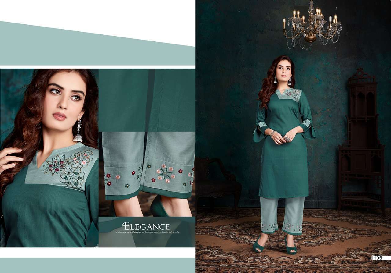 SHERON BY VIVILS PRINTS 101 TO 107 SERIES BEAUTIFUL STYLISH FANCY COLORFUL CASUAL WEAR & ETHNIC WEAR & READY TO WEAR VISCOSE MUSLIN KURTIS WITH BOTTOM AT WHOLESALE PRICE