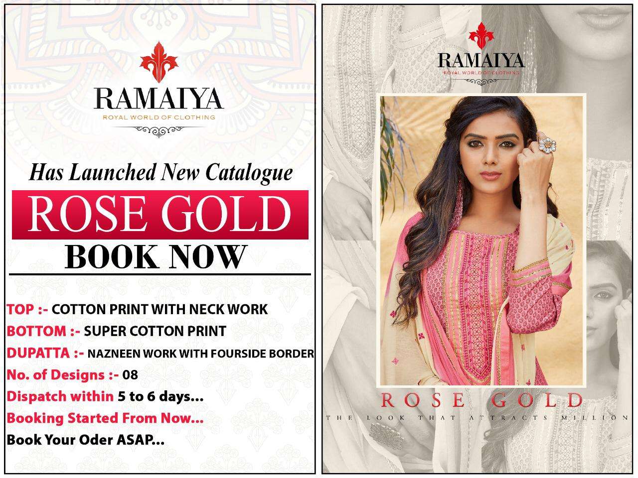 ROSE GOLD BY RAMAIYA 11051 TO 11058 SERIES BEAUTIFUL WINTER COLLECTION SUITS STYLISH FANCY COLORFUL CASUAL WEAR & ETHNIC WEAR COTTON PRINT WITH WORK DRESSES AT WHOLESALE PRICE