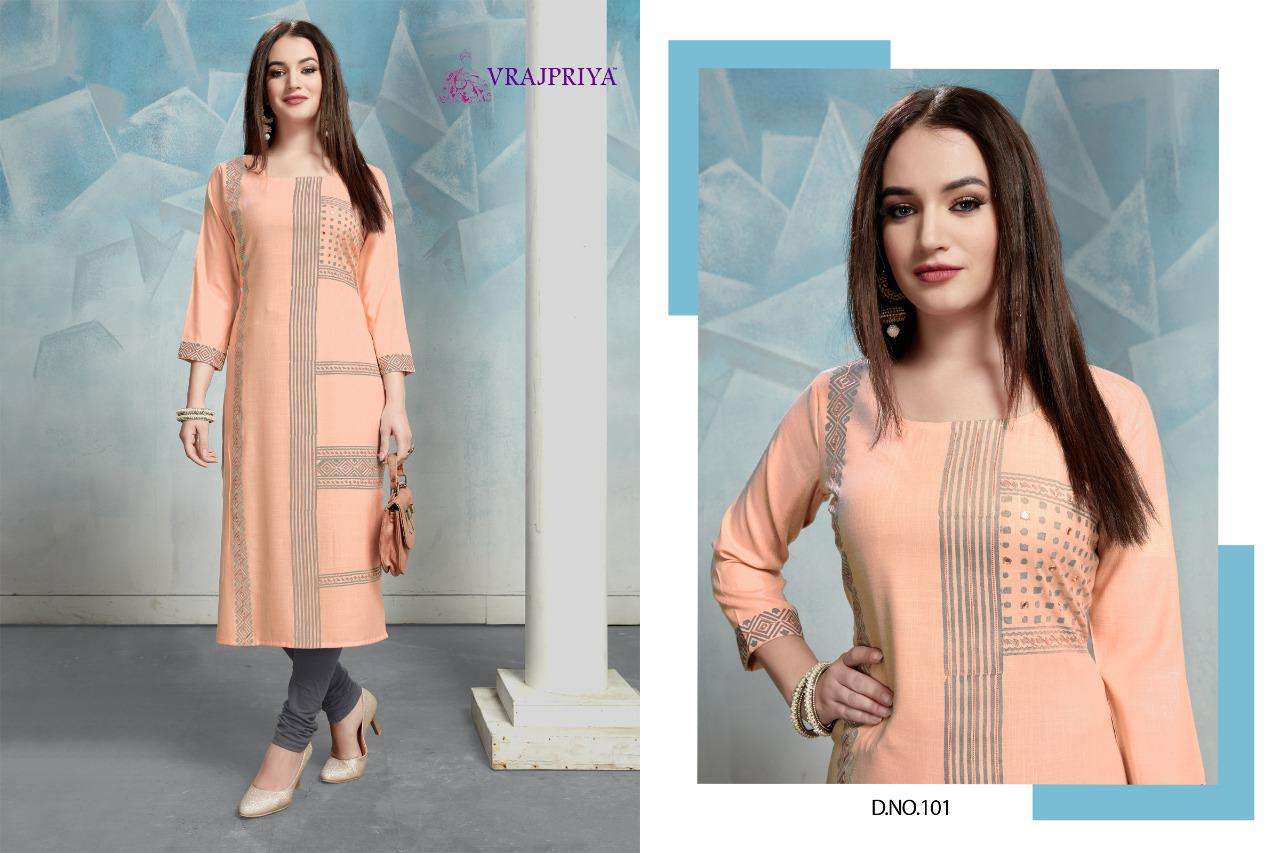 RADHIKA VOL-1 BY VRAJPRIYA 101 TO 105 SERIES DESIGNER STYLISH FANCY COLORFUL BEAUTIFUL PARTY WEAR & ETHNIC WEAR COLLECTION RAYON EMBROIDERY KURTIS AT WHOLESALE PRICE