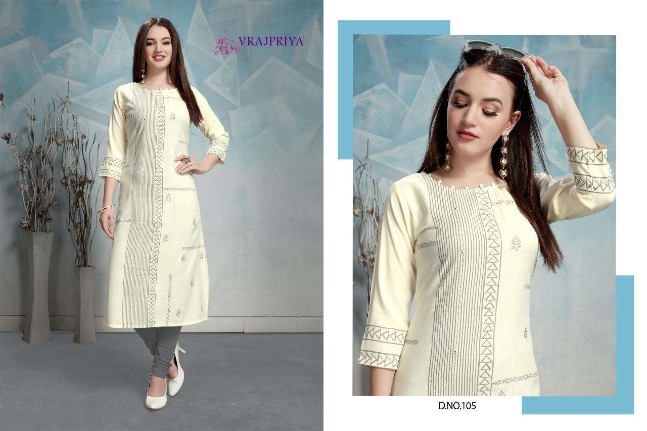 RADHIKA VOL-1 BY VRAJPRIYA 101 TO 105 SERIES DESIGNER STYLISH FANCY COLORFUL BEAUTIFUL PARTY WEAR & ETHNIC WEAR COLLECTION RAYON EMBROIDERY KURTIS AT WHOLESALE PRICE