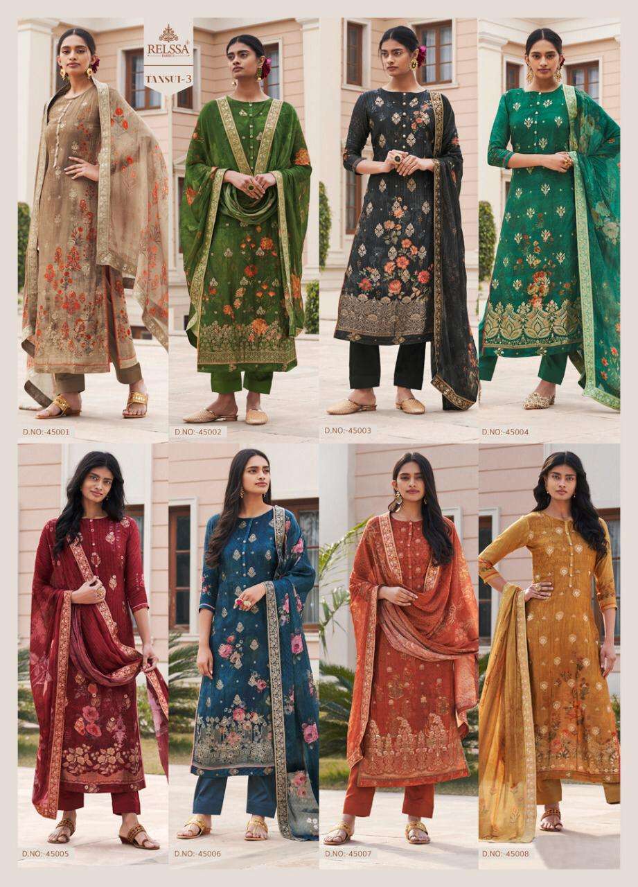TANSUI VOL-3 BY RELSSA FABRICS 45001 TO 45008 SERIES BEAUTIFUL SUITS STYLISH FANCY COLORFUL PARTY WEAR & OCCASIONAL WEAR TANSUI SILK DIGITAL PRINT DRESSES AT WHOLESALE PRICE