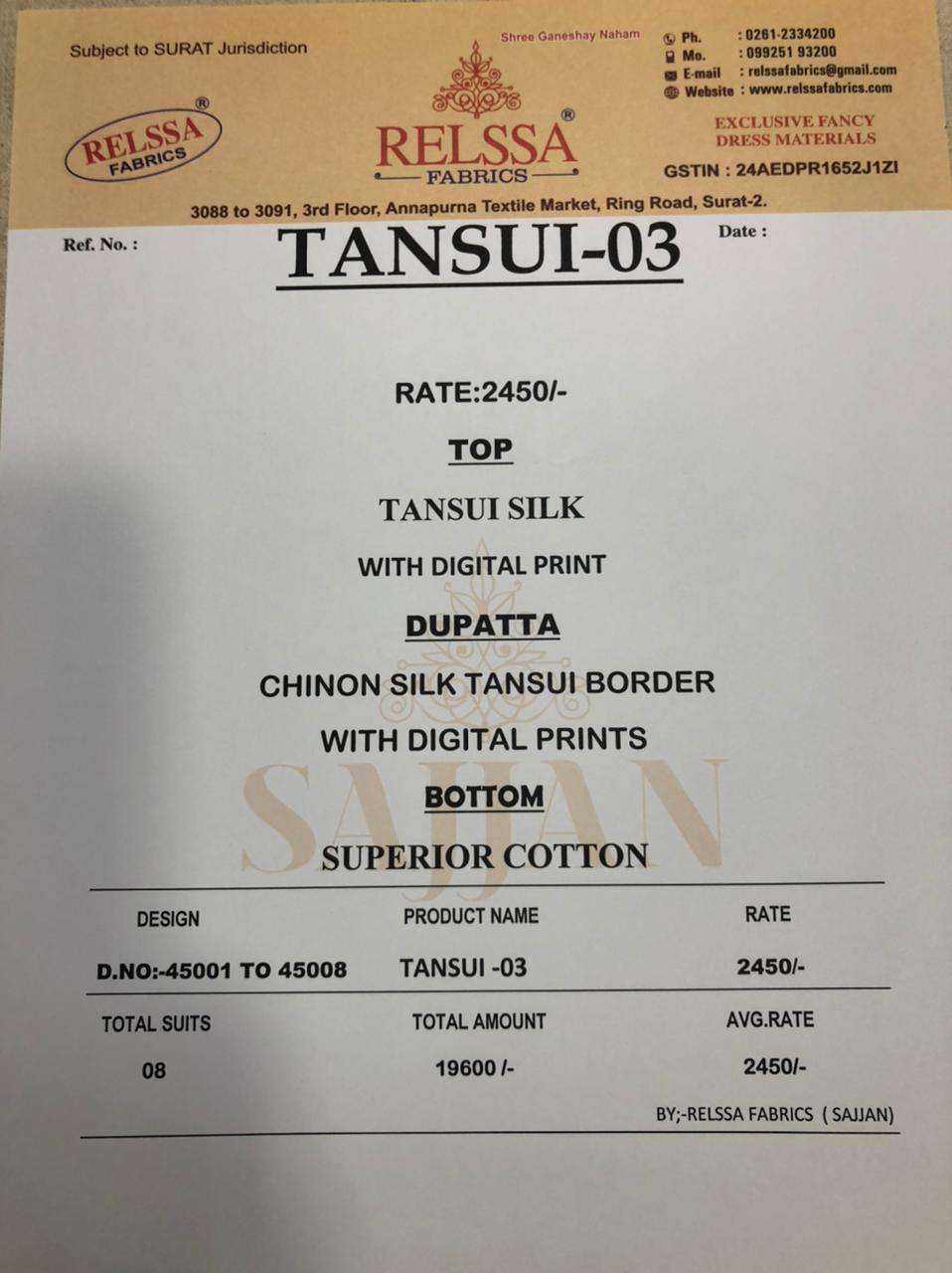 TANSUI VOL-3 BY RELSSA FABRICS 45001 TO 45008 SERIES BEAUTIFUL SUITS STYLISH FANCY COLORFUL PARTY WEAR & OCCASIONAL WEAR TANSUI SILK DIGITAL PRINT DRESSES AT WHOLESALE PRICE