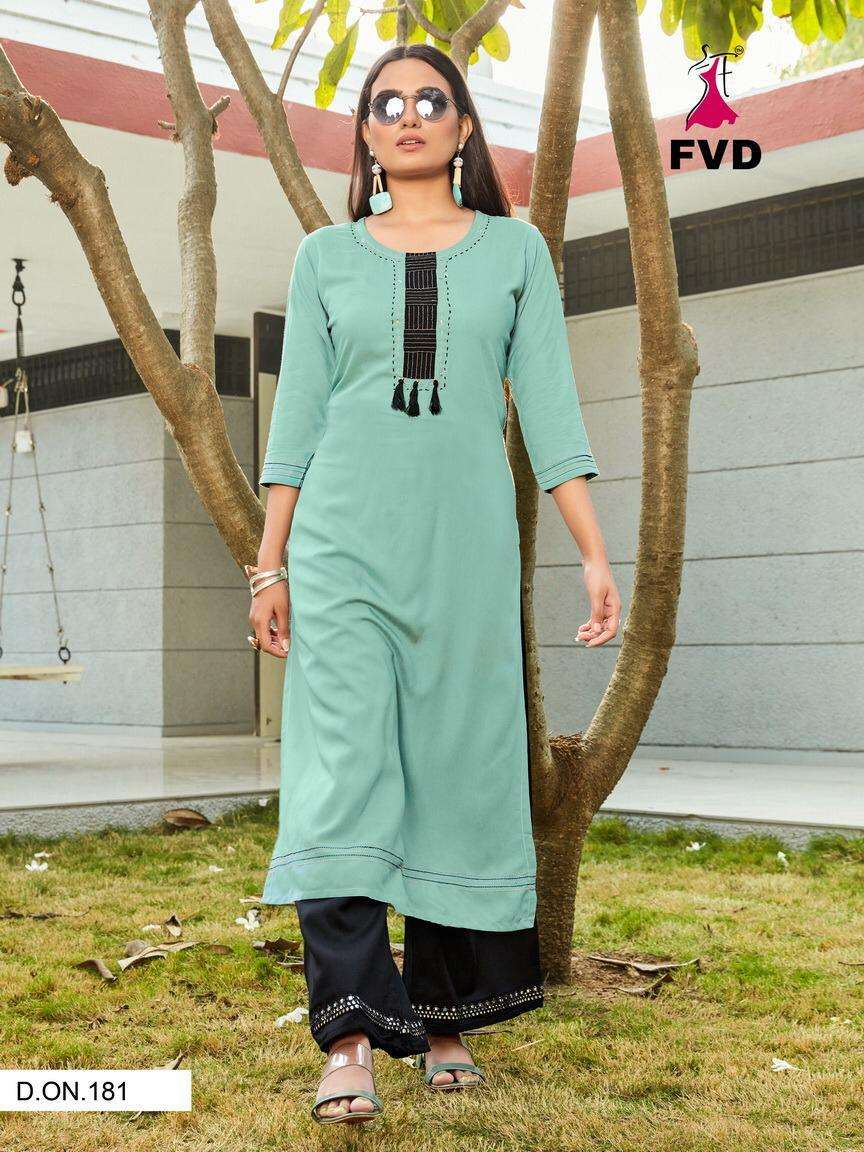 BEGUM VOL-1 BY FVD 179 TO 184 SERIES DESIGNER STYLISH FANCY COLORFUL BEAUTIFUL PARTY WEAR & ETHNIC WEAR COLLECTION RAYON EMBROIDERY KURTIS WITH BOTTOM AT WHOLESALE PRICE