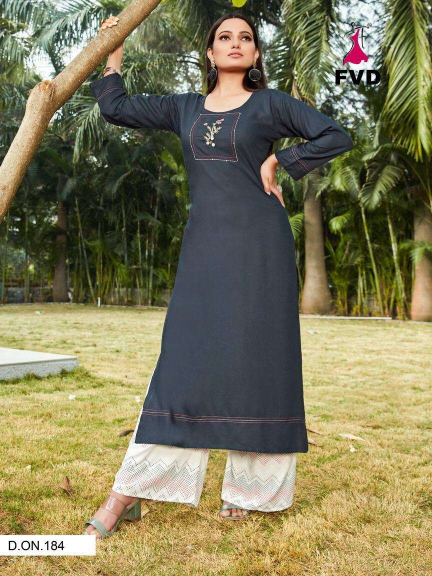 BEGUM VOL-1 BY FVD 179 TO 184 SERIES DESIGNER STYLISH FANCY COLORFUL BEAUTIFUL PARTY WEAR & ETHNIC WEAR COLLECTION RAYON EMBROIDERY KURTIS WITH BOTTOM AT WHOLESALE PRICE