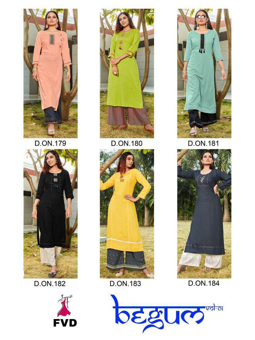 BEGUM VOL-1 BY FVD 179 TO 184 SERIES DESIGNER STYLISH FANCY COLORFUL BEAUTIFUL PARTY WEAR & ETHNIC WEAR COLLECTION RAYON EMBROIDERY KURTIS WITH BOTTOM AT WHOLESALE PRICE