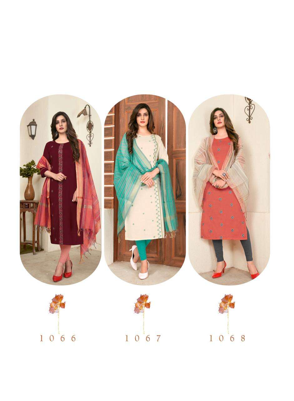 NARI VOL-11 BY RT 1066 TO 1071 SERIES STYLISH FANCY COLORFUL COLLECTION CASUAL WEAR & ETHNIC WEAR RAYON SLUB KURTIS WITH DUPATTA AT WHOLESALE PRICE