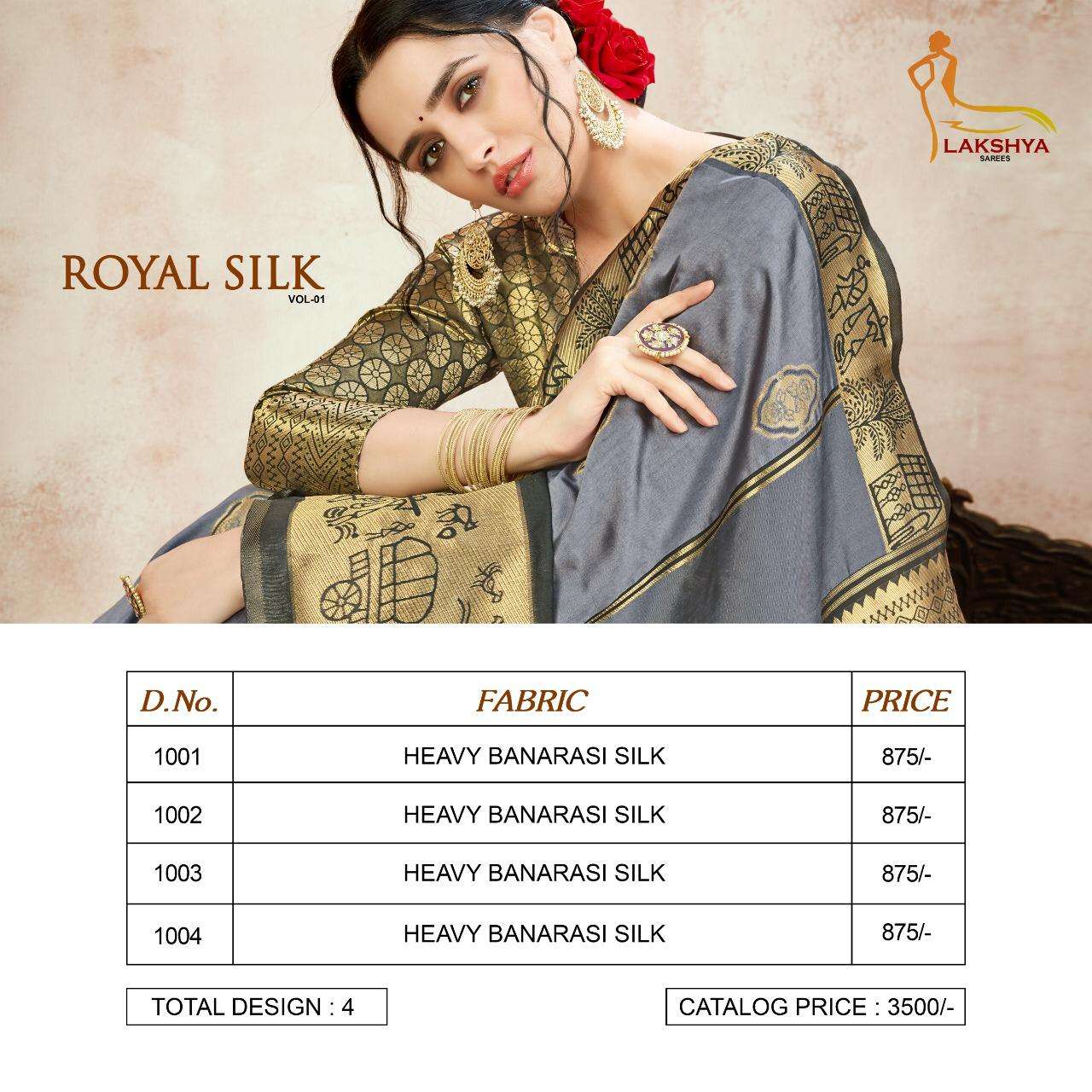 ROYAL SILK VOL-1 BY LAKSHYA 1001 TO 1004 SERIES INDIAN TRADITIONAL WEAR COLLECTION BEAUTIFUL STYLISH FANCY COLORFUL PARTY WEAR & OCCASIONAL WEAR BANARASI SILK SAREES AT WHOLESALE PRICE