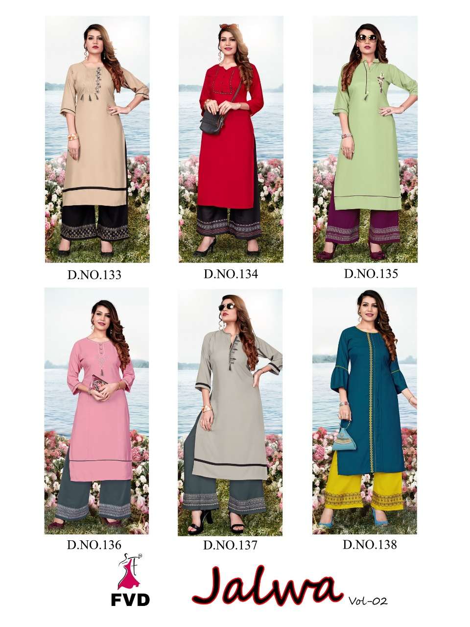 JALWA VOL-2 BY FVD 133 TO 138 SERIES BEAUTIFUL STYLISH FANCY COLORFUL CASUAL WEAR & ETHNIC WEAR RAYON WITH EMBROIDERED KURTIS WITH BOTTOM AT WHOLESALE PRICE