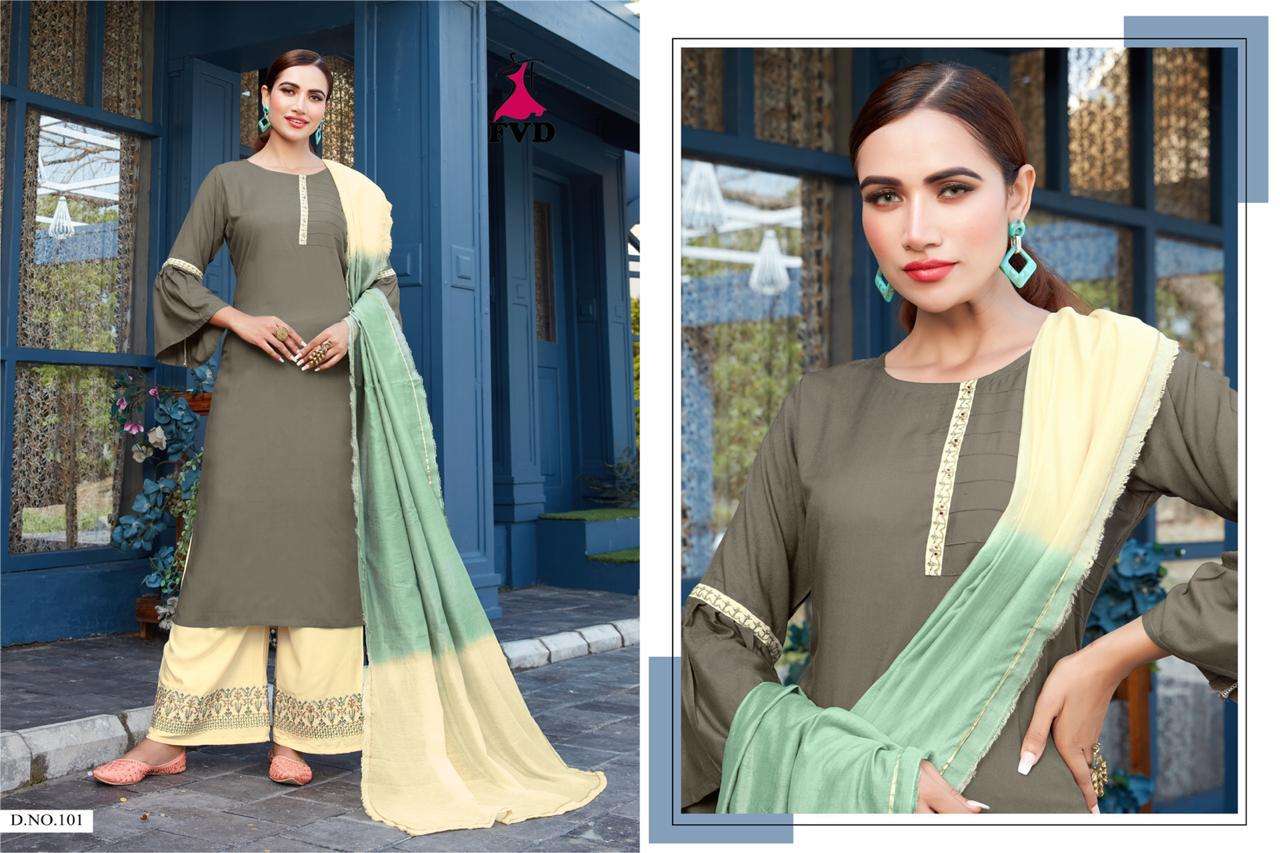 JALSA VOL-1 BY FVD 101 TO 106 SERIES BEAUTIFUL STYLISH FANCY COLORFUL CASUAL WEAR & ETHNIC WEAR RAYON WITH EMBROIDERED DRESSES AT WHOLESALE PRICE