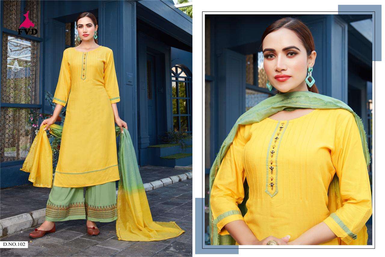 JALSA VOL-1 BY FVD 101 TO 106 SERIES BEAUTIFUL STYLISH FANCY COLORFUL CASUAL WEAR & ETHNIC WEAR RAYON WITH EMBROIDERED DRESSES AT WHOLESALE PRICE