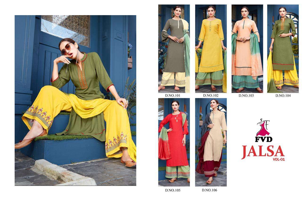 JALSA VOL-1 BY FVD 101 TO 106 SERIES BEAUTIFUL STYLISH FANCY COLORFUL CASUAL WEAR & ETHNIC WEAR RAYON WITH EMBROIDERED DRESSES AT WHOLESALE PRICE