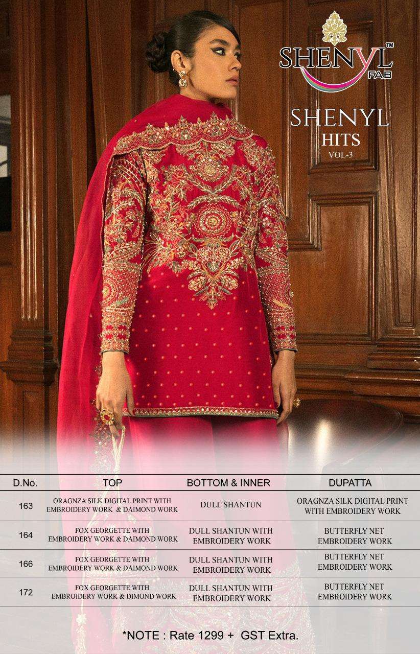 SHENYL HITS VOL-3 BY SHENYL DESIGNER PAKISTANI SUITS BEAUTIFUL STYLISH FANCY COLORFUL PARTY WEAR & OCCASIONAL WEAR FAUX GEORGETTE EMBROIDERY DRESSES AT WHOLESALE PRICE