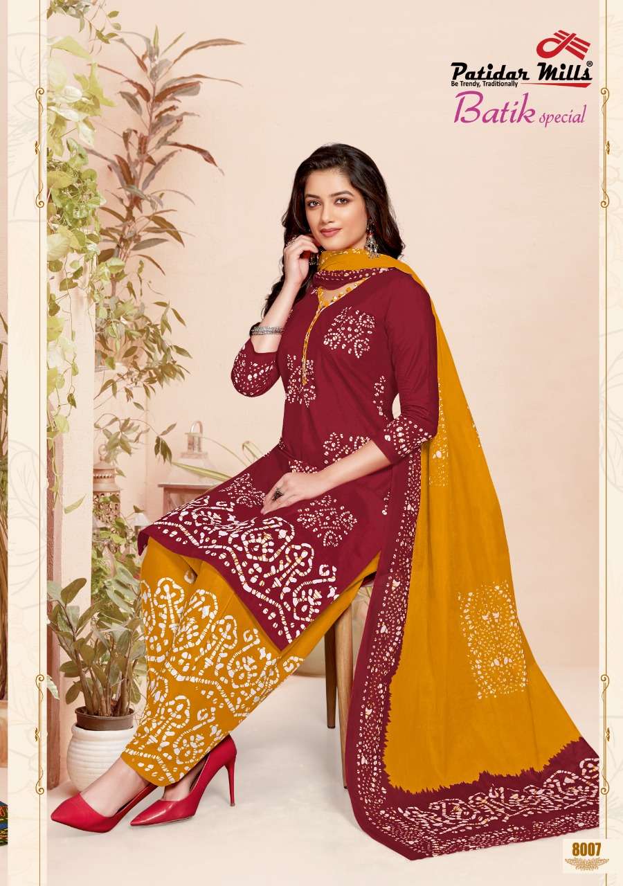 BATIK SPECIAL VOL-8 BY PATIDAR MILLS 8001 TO 8016 SERIES BEAUTIFUL SUITS COLORFUL STYLISH FANCY CASUAL WEAR & ETHNIC WEAR PURE COTTON DRESSES AT WHOLESALE PRICE