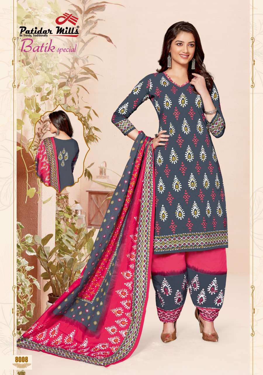 BATIK SPECIAL VOL-8 BY PATIDAR MILLS 8001 TO 8016 SERIES BEAUTIFUL SUITS COLORFUL STYLISH FANCY CASUAL WEAR & ETHNIC WEAR PURE COTTON DRESSES AT WHOLESALE PRICE