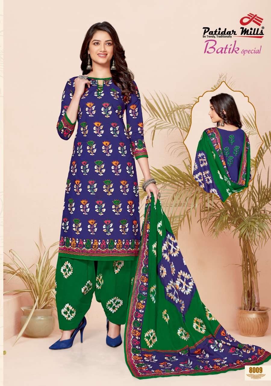 BATIK SPECIAL VOL-8 BY PATIDAR MILLS 8001 TO 8016 SERIES BEAUTIFUL SUITS COLORFUL STYLISH FANCY CASUAL WEAR & ETHNIC WEAR PURE COTTON DRESSES AT WHOLESALE PRICE