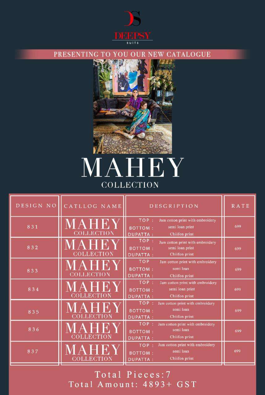 MAHEY COLLECTION BY DEEPSY SUITS 831 TO 837 SERIES BEAUTIFUL PAKISTANI SUITS COLORFUL STYLISH FANCY CASUAL WEAR & ETHNIC WEAR PURE JAM COTTON PRINT WITH EMBROIDERED DRESSES AT WHOLESALE PRICE