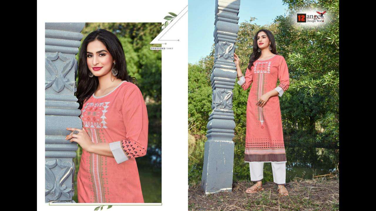 ZURIC BY 12 ANGEL 1001 TO 1006 SERIES DESIGNER STYLISH FANCY COLORFUL BEAUTIFUL PARTY WEAR & ETHNIC WEAR COLLECTION SLUB COTTON DIGITAL PRINT KURTIS WITH BOTTOM AT WHOLESALE PRICE