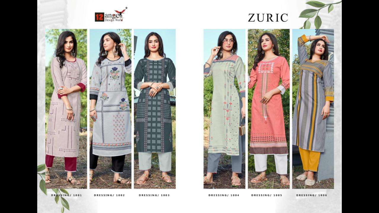 ZURIC BY 12 ANGEL 1001 TO 1006 SERIES DESIGNER STYLISH FANCY COLORFUL BEAUTIFUL PARTY WEAR & ETHNIC WEAR COLLECTION SLUB COTTON DIGITAL PRINT KURTIS WITH BOTTOM AT WHOLESALE PRICE