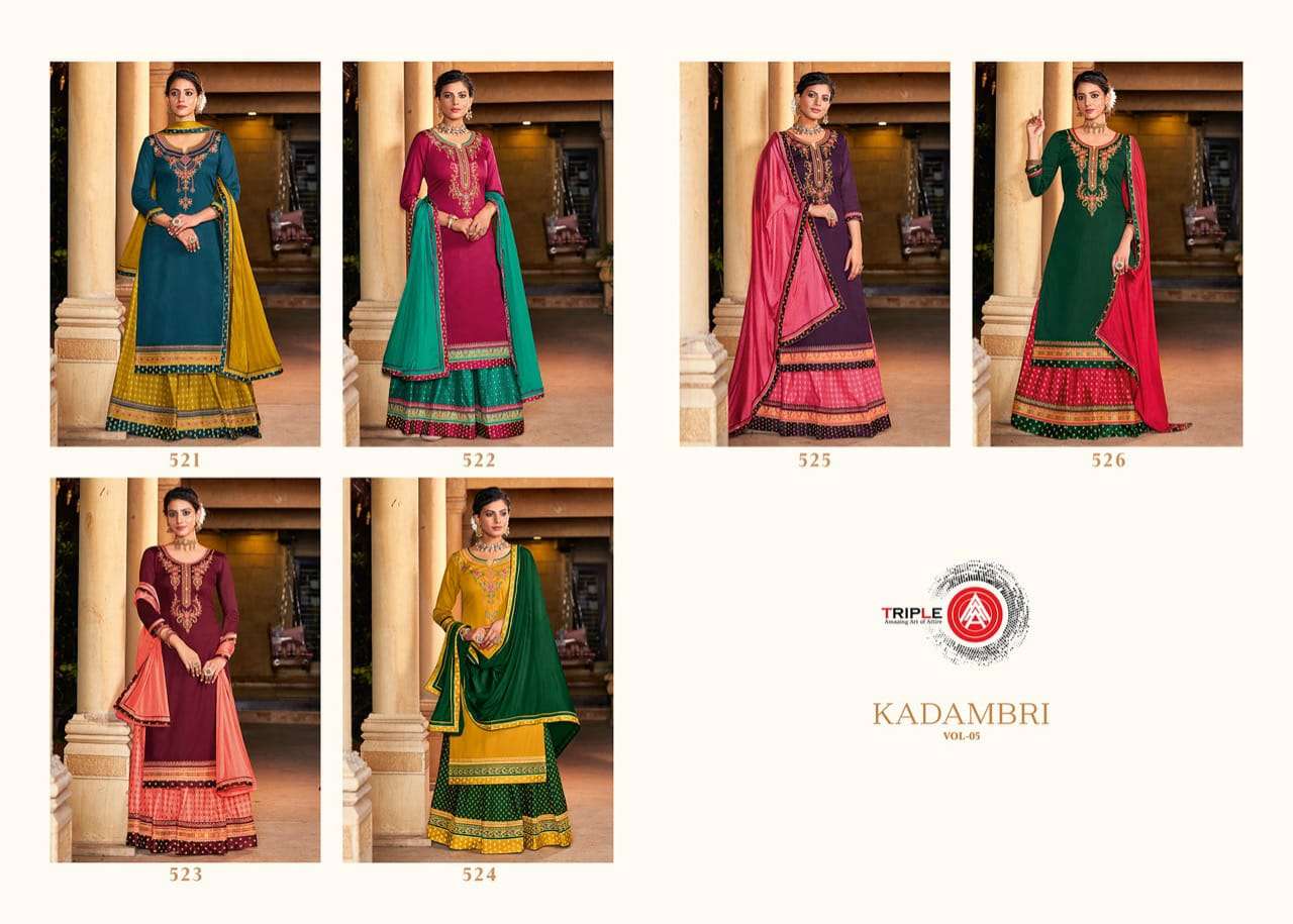 KADAMBRI VOL-5 BY TRIPLE AAA 521 TO 526 SERIES BEAUTIFUL PATIYALA SUITS STYLISH FANCY COLORFUL PARTY WEAR & OCCASIONAL WEAR JAM SILK WITH WORK DRESSES AT WHOLESALE PRICE