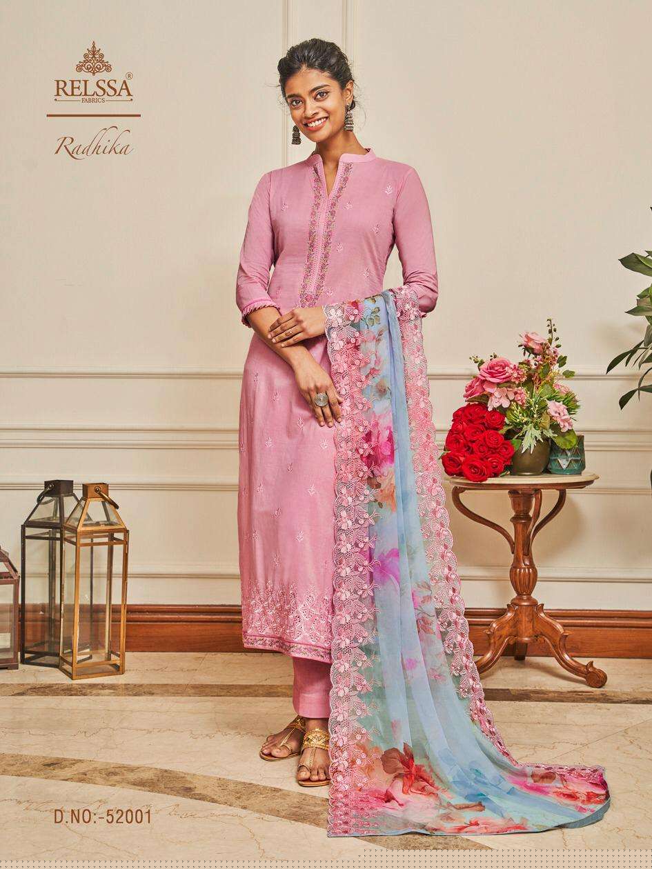 RADHIKA BY RELSSA FABRICS 52001 TO 52006 SERIES BEAUTIFUL STYLISH SHARARA SUITS FANCY COLORFUL CASUAL WEAR & ETHNIC WEAR & READY TO WEAR SUPERIOR COTTON LAWN EMBROIDERED DRESSES AT WHOLESALE PRICE
