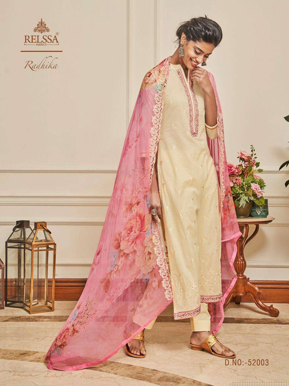 RADHIKA BY RELSSA FABRICS 52001 TO 52006 SERIES BEAUTIFUL STYLISH SHARARA SUITS FANCY COLORFUL CASUAL WEAR & ETHNIC WEAR & READY TO WEAR SUPERIOR COTTON LAWN EMBROIDERED DRESSES AT WHOLESALE PRICE