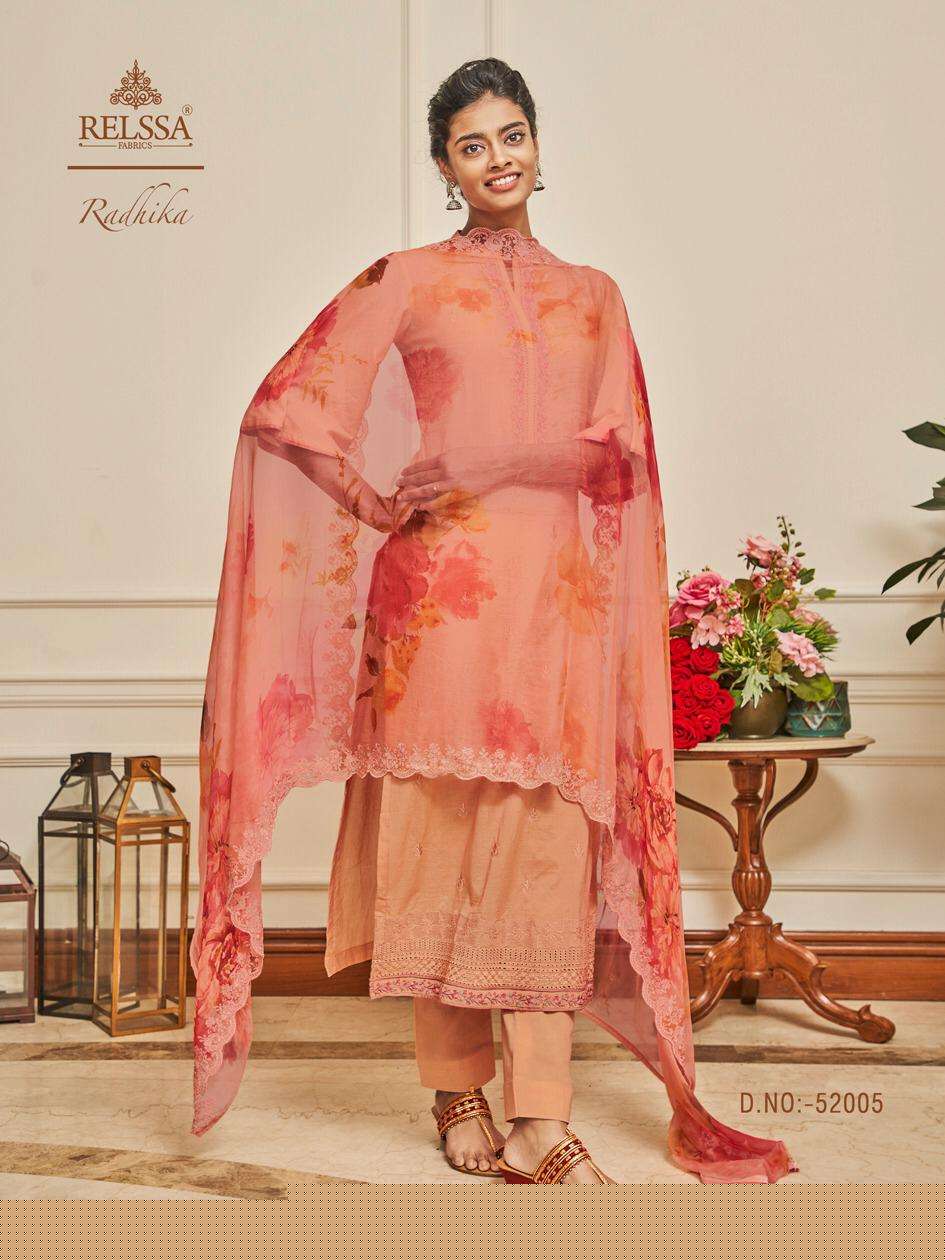 RADHIKA BY RELSSA FABRICS 52001 TO 52006 SERIES BEAUTIFUL STYLISH SHARARA SUITS FANCY COLORFUL CASUAL WEAR & ETHNIC WEAR & READY TO WEAR SUPERIOR COTTON LAWN EMBROIDERED DRESSES AT WHOLESALE PRICE