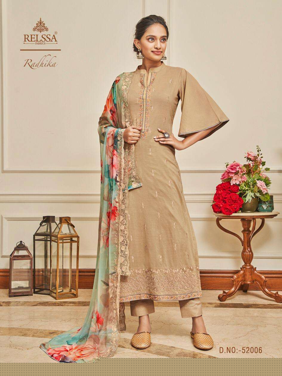 RADHIKA BY RELSSA FABRICS 52001 TO 52006 SERIES BEAUTIFUL STYLISH SHARARA SUITS FANCY COLORFUL CASUAL WEAR & ETHNIC WEAR & READY TO WEAR SUPERIOR COTTON LAWN EMBROIDERED DRESSES AT WHOLESALE PRICE