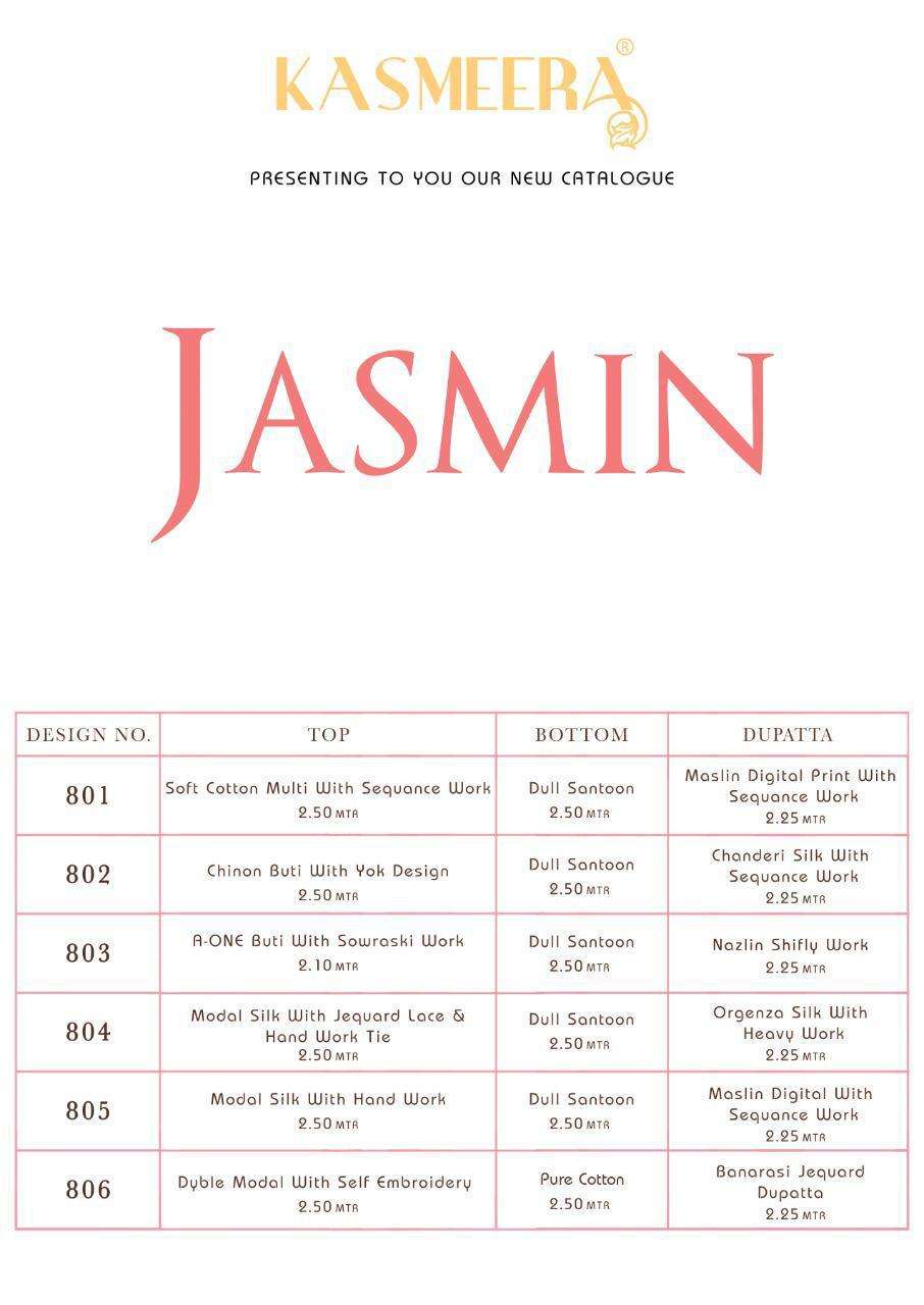 JASMIN BY KASMEERA 801 TO 806 SERIES BEAUTIFUL SUITS STYLISH FANCY COLORFUL CASUAL WEAR & ETHNIC WEAR SOFT COTTON WITH EMBROIDERY DRESSES AT WHOLESALE PRICE