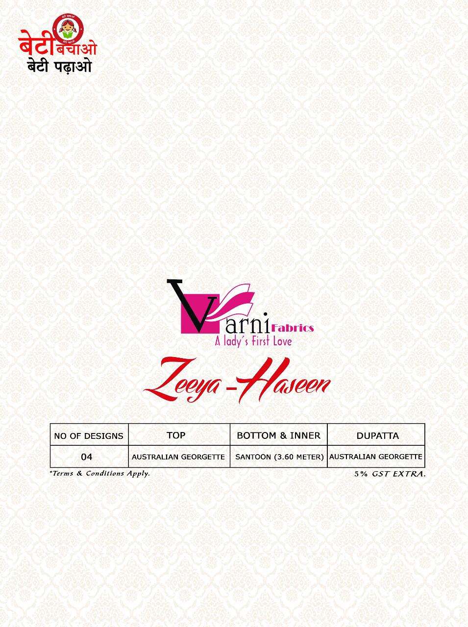 ZEEYA HASEEN BY VARNI FABRICS 1301 TO 1304 SERIES BEAUTIFUL SUITS STYLISH FANCY COLORFUL CASUAL WEAR & ETHNIC WEAR AUSTRALIAN GEORGETTE EMBROIDERED DRESSES AT WHOLESALE PRICE