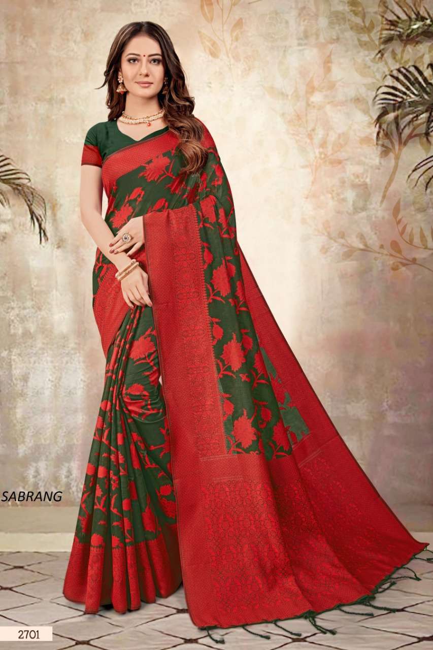 SABRANG BY SHREE MATARAM 2701 TO 2709 SERIES INDIAN TRADITIONAL WEAR COLLECTION BEAUTIFUL STYLISH FANCY COLORFUL PARTY WEAR & OCCASIONAL WEAR CHANDERI COTTON PRINTED SAREES AT WHOLESALE PRICE