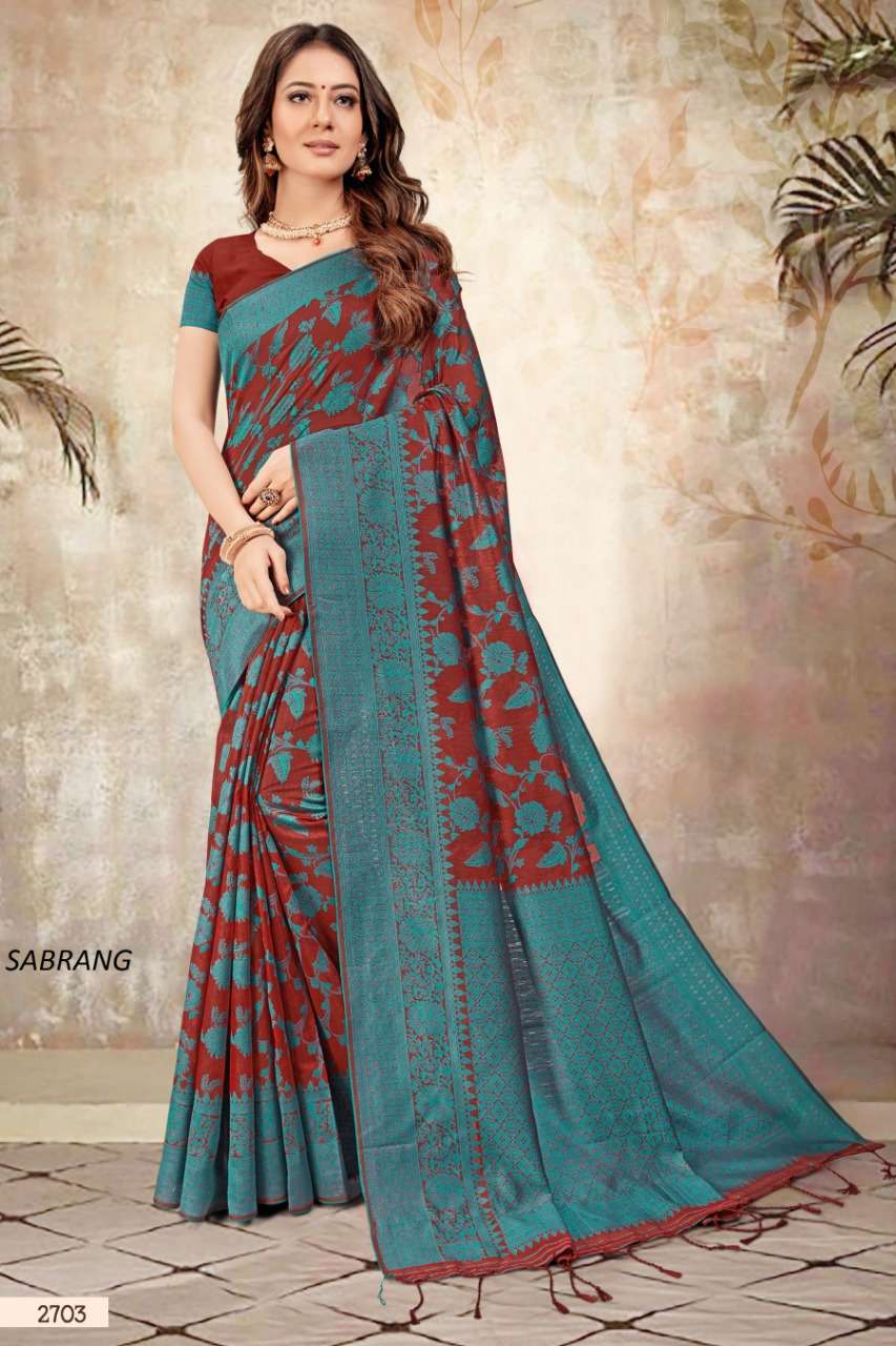SABRANG BY SHREE MATARAM 2701 TO 2709 SERIES INDIAN TRADITIONAL WEAR COLLECTION BEAUTIFUL STYLISH FANCY COLORFUL PARTY WEAR & OCCASIONAL WEAR CHANDERI COTTON PRINTED SAREES AT WHOLESALE PRICE