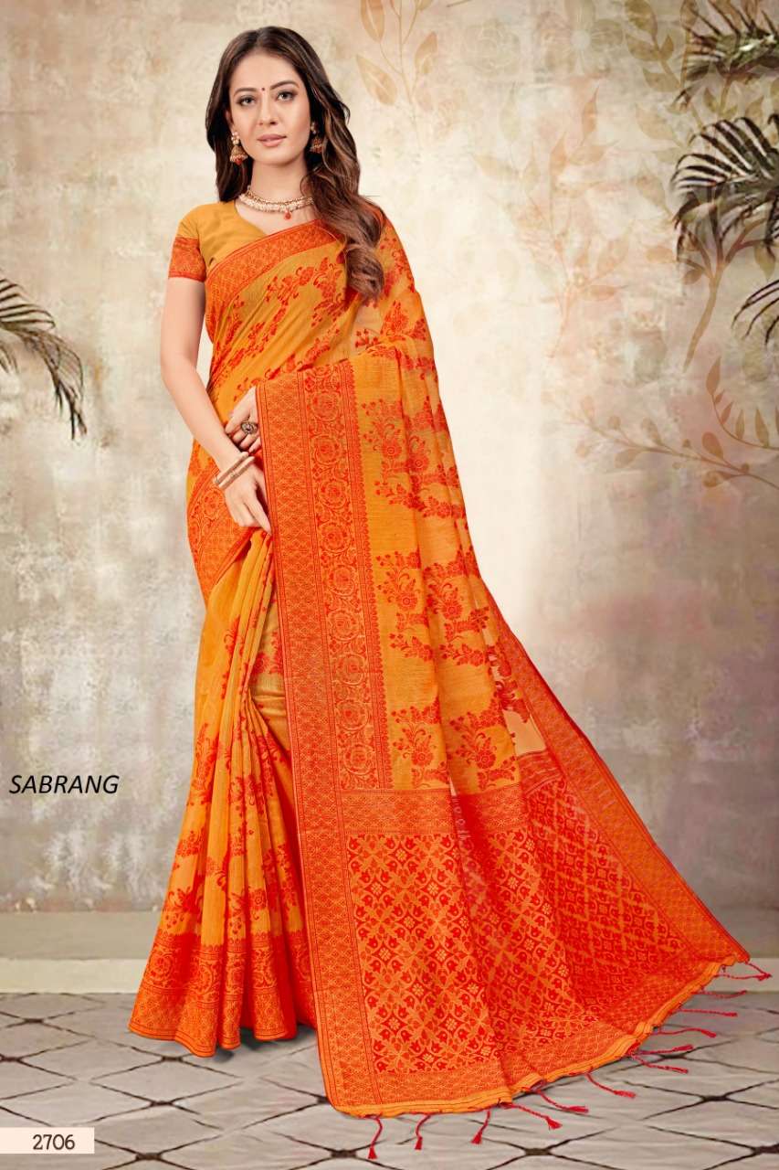 SABRANG BY SHREE MATARAM 2701 TO 2709 SERIES INDIAN TRADITIONAL WEAR COLLECTION BEAUTIFUL STYLISH FANCY COLORFUL PARTY WEAR & OCCASIONAL WEAR CHANDERI COTTON PRINTED SAREES AT WHOLESALE PRICE