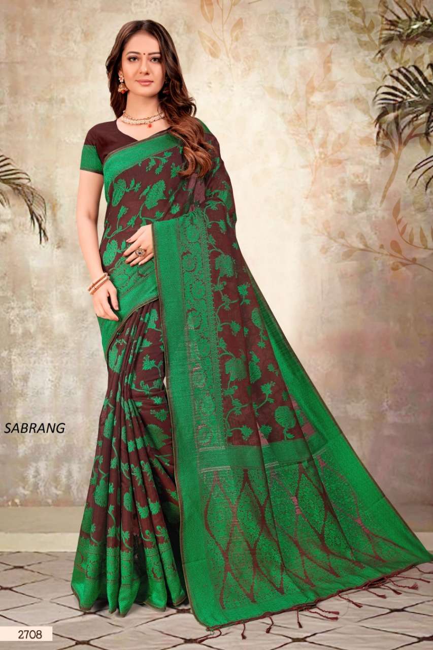 SABRANG BY SHREE MATARAM 2701 TO 2709 SERIES INDIAN TRADITIONAL WEAR COLLECTION BEAUTIFUL STYLISH FANCY COLORFUL PARTY WEAR & OCCASIONAL WEAR CHANDERI COTTON PRINTED SAREES AT WHOLESALE PRICE