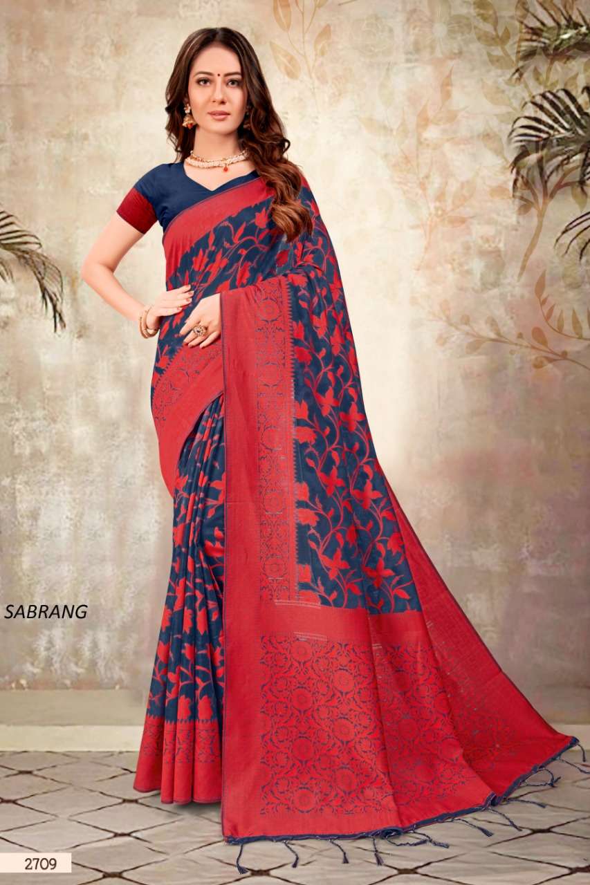 SABRANG BY SHREE MATARAM 2701 TO 2709 SERIES INDIAN TRADITIONAL WEAR COLLECTION BEAUTIFUL STYLISH FANCY COLORFUL PARTY WEAR & OCCASIONAL WEAR CHANDERI COTTON PRINTED SAREES AT WHOLESALE PRICE