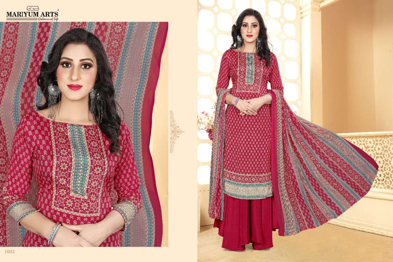 SAKINA BY MARIYUM ARTS 1001 TO 1008 SERIES DESIGNER SUITS COLLECTION BEAUTIFUL STYLISH FANCY COLORFUL PARTY WEAR & OCCASIONAL WEAR FRENCH CREPE DIGITAL PRINTED DRESSES AT WHOLESALE PRICE