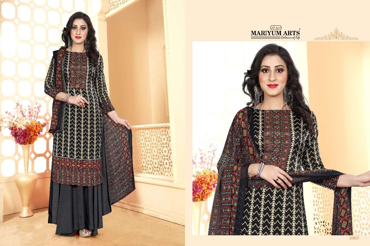 SAKINA BY MARIYUM ARTS 1001 TO 1008 SERIES DESIGNER SUITS COLLECTION BEAUTIFUL STYLISH FANCY COLORFUL PARTY WEAR & OCCASIONAL WEAR FRENCH CREPE DIGITAL PRINTED DRESSES AT WHOLESALE PRICE