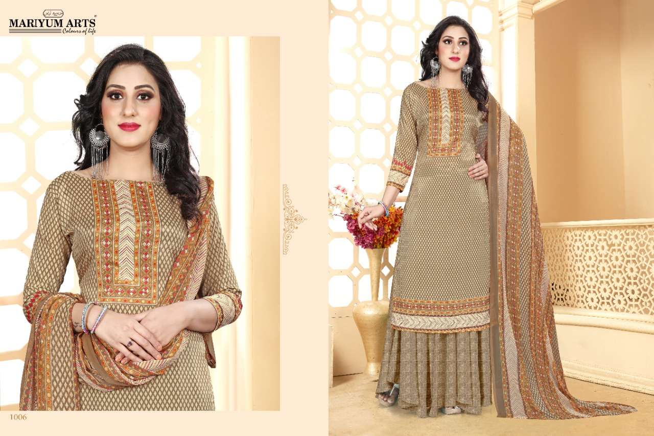 SAKINA BY MARIYUM ARTS 1001 TO 1008 SERIES DESIGNER SUITS COLLECTION BEAUTIFUL STYLISH FANCY COLORFUL PARTY WEAR & OCCASIONAL WEAR FRENCH CREPE DIGITAL PRINTED DRESSES AT WHOLESALE PRICE