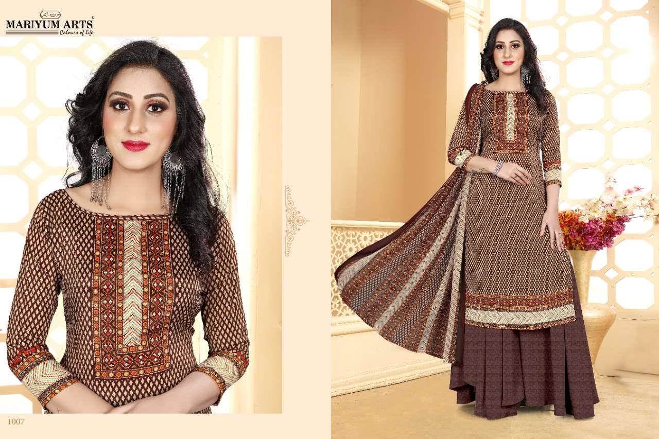 SAKINA BY MARIYUM ARTS 1001 TO 1008 SERIES DESIGNER SUITS COLLECTION BEAUTIFUL STYLISH FANCY COLORFUL PARTY WEAR & OCCASIONAL WEAR FRENCH CREPE DIGITAL PRINTED DRESSES AT WHOLESALE PRICE