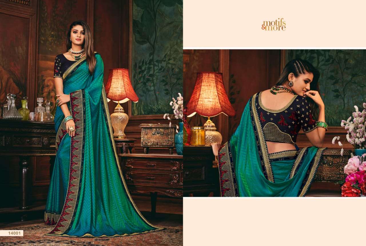 M AND M VOL-14 BY MOTIFS AND MORE INDIAN TRADITIONAL WEAR COLLECTION BEAUTIFUL STYLISH FANCY COLORFUL PARTY WEAR & OCCASIONAL WEAR SATIN GEORGETTE SAREES AT WHOLESALE PRICE