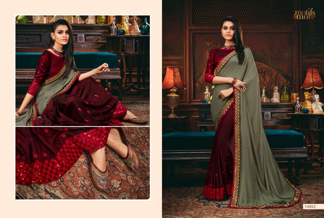 M AND M VOL-14 BY MOTIFS AND MORE INDIAN TRADITIONAL WEAR COLLECTION BEAUTIFUL STYLISH FANCY COLORFUL PARTY WEAR & OCCASIONAL WEAR SATIN GEORGETTE SAREES AT WHOLESALE PRICE