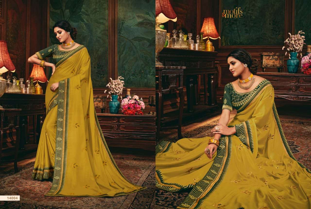 M AND M VOL-14 BY MOTIFS AND MORE INDIAN TRADITIONAL WEAR COLLECTION BEAUTIFUL STYLISH FANCY COLORFUL PARTY WEAR & OCCASIONAL WEAR SATIN GEORGETTE SAREES AT WHOLESALE PRICE