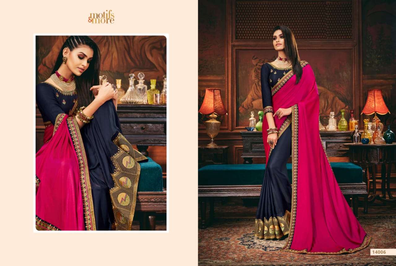 M AND M VOL-14 BY MOTIFS AND MORE INDIAN TRADITIONAL WEAR COLLECTION BEAUTIFUL STYLISH FANCY COLORFUL PARTY WEAR & OCCASIONAL WEAR SATIN GEORGETTE SAREES AT WHOLESALE PRICE