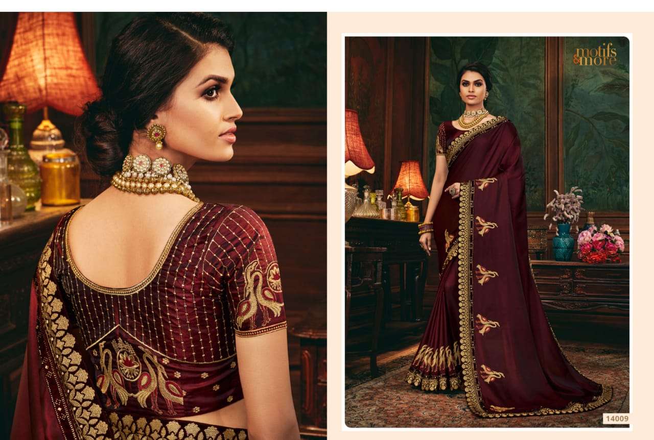 M AND M VOL-14 BY MOTIFS AND MORE INDIAN TRADITIONAL WEAR COLLECTION BEAUTIFUL STYLISH FANCY COLORFUL PARTY WEAR & OCCASIONAL WEAR SATIN GEORGETTE SAREES AT WHOLESALE PRICE