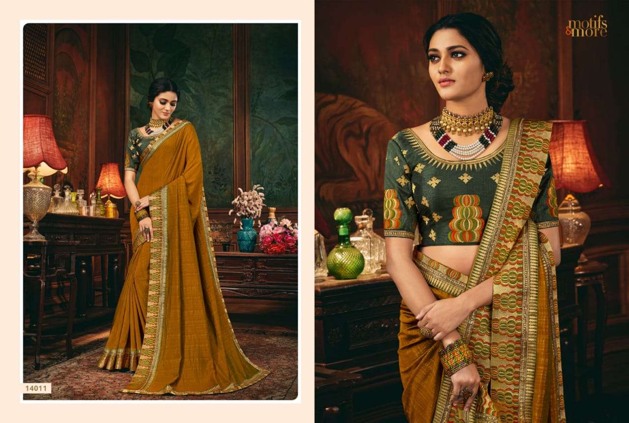 M AND M VOL-14 BY MOTIFS AND MORE INDIAN TRADITIONAL WEAR COLLECTION BEAUTIFUL STYLISH FANCY COLORFUL PARTY WEAR & OCCASIONAL WEAR SATIN GEORGETTE SAREES AT WHOLESALE PRICE