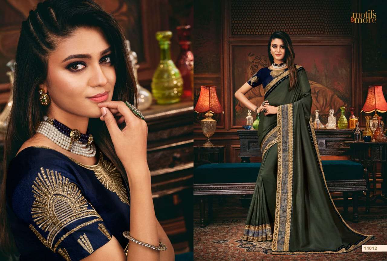 M AND M VOL-14 BY MOTIFS AND MORE INDIAN TRADITIONAL WEAR COLLECTION BEAUTIFUL STYLISH FANCY COLORFUL PARTY WEAR & OCCASIONAL WEAR SATIN GEORGETTE SAREES AT WHOLESALE PRICE