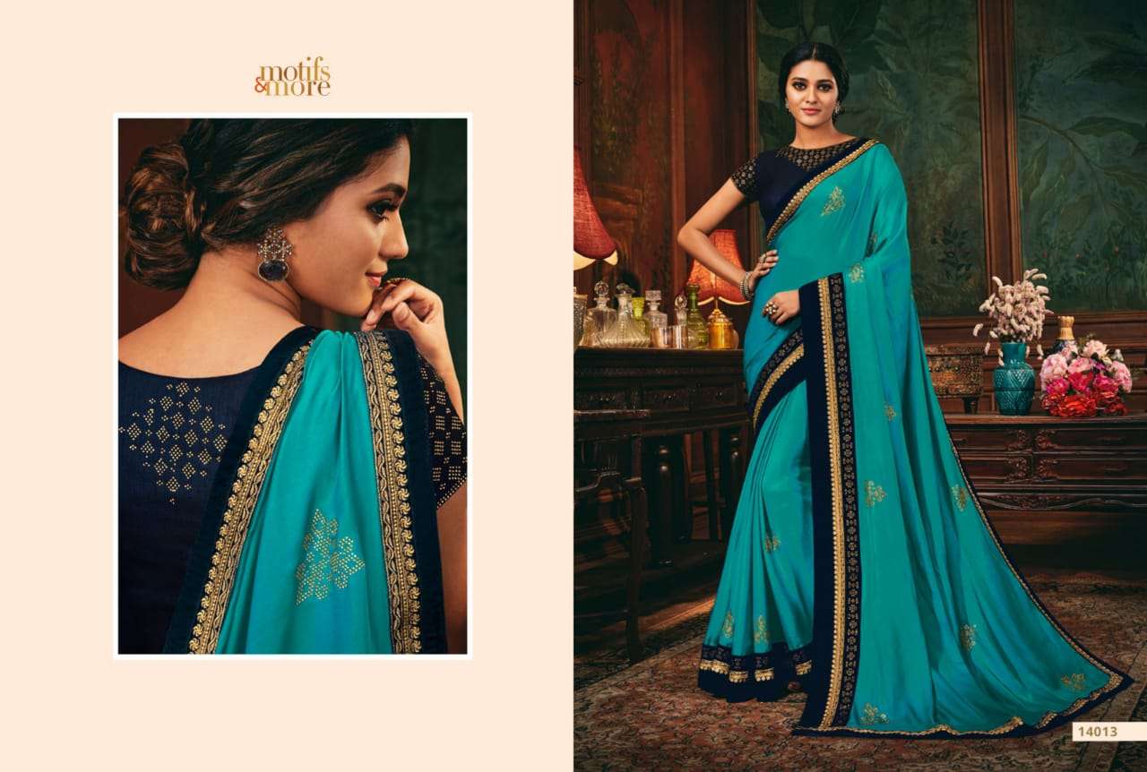 M AND M VOL-14 BY MOTIFS AND MORE INDIAN TRADITIONAL WEAR COLLECTION BEAUTIFUL STYLISH FANCY COLORFUL PARTY WEAR & OCCASIONAL WEAR SATIN GEORGETTE SAREES AT WHOLESALE PRICE