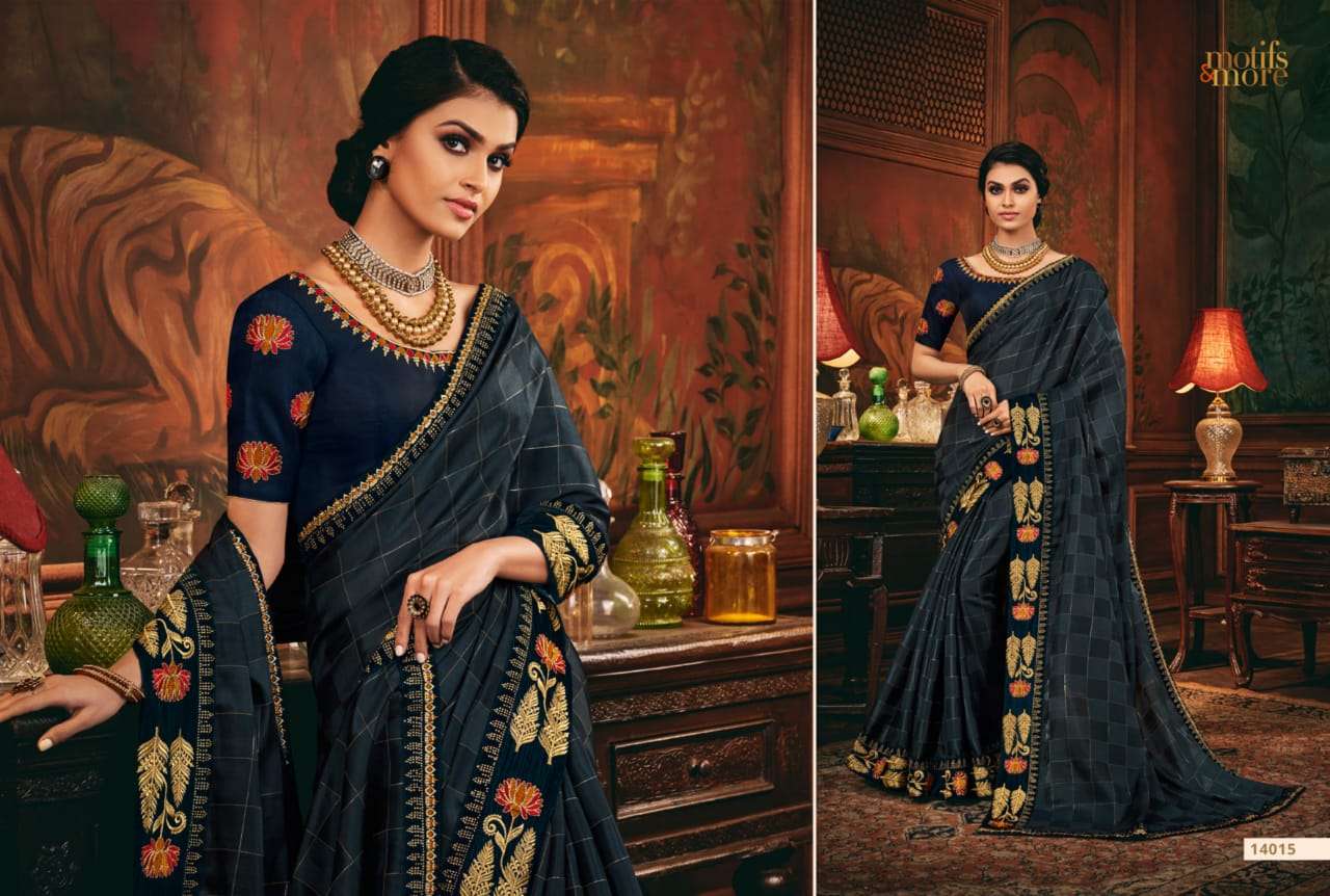 M AND M VOL-14 BY MOTIFS AND MORE INDIAN TRADITIONAL WEAR COLLECTION BEAUTIFUL STYLISH FANCY COLORFUL PARTY WEAR & OCCASIONAL WEAR SATIN GEORGETTE SAREES AT WHOLESALE PRICE
