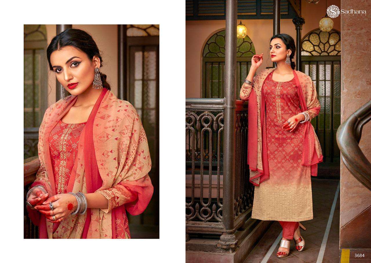 SADHNA VOL-35 BY SADHNA FASHION 3681 TO 3690 SERIES DESIGNER SUITS COLLECTION BEAUTIFUL STYLISH FANCY COLORFUL PARTY WEAR & OCCASIONAL WEAR PURE JAM SILK DRESSES AT WHOLESALE PRICE