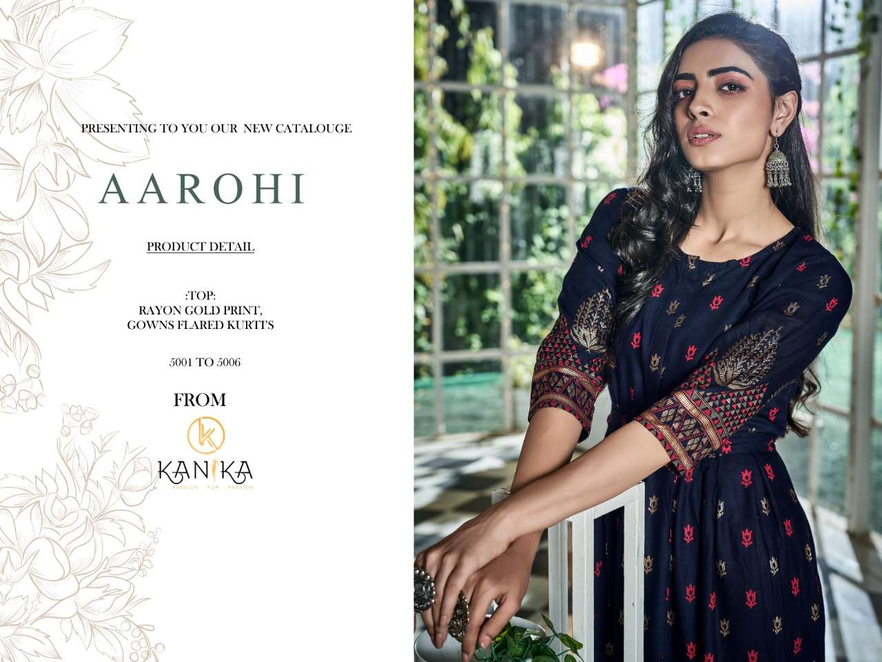 AAROHI BY KANIKA 5001 TO 5006 SERIES BEAUTIFUL SUITS STYLISH FANCY COLORFUL CASUAL WEAR & ETHNIC WEAR RAYON PRINTED GOWNS AT WHOLESALE PRICE
