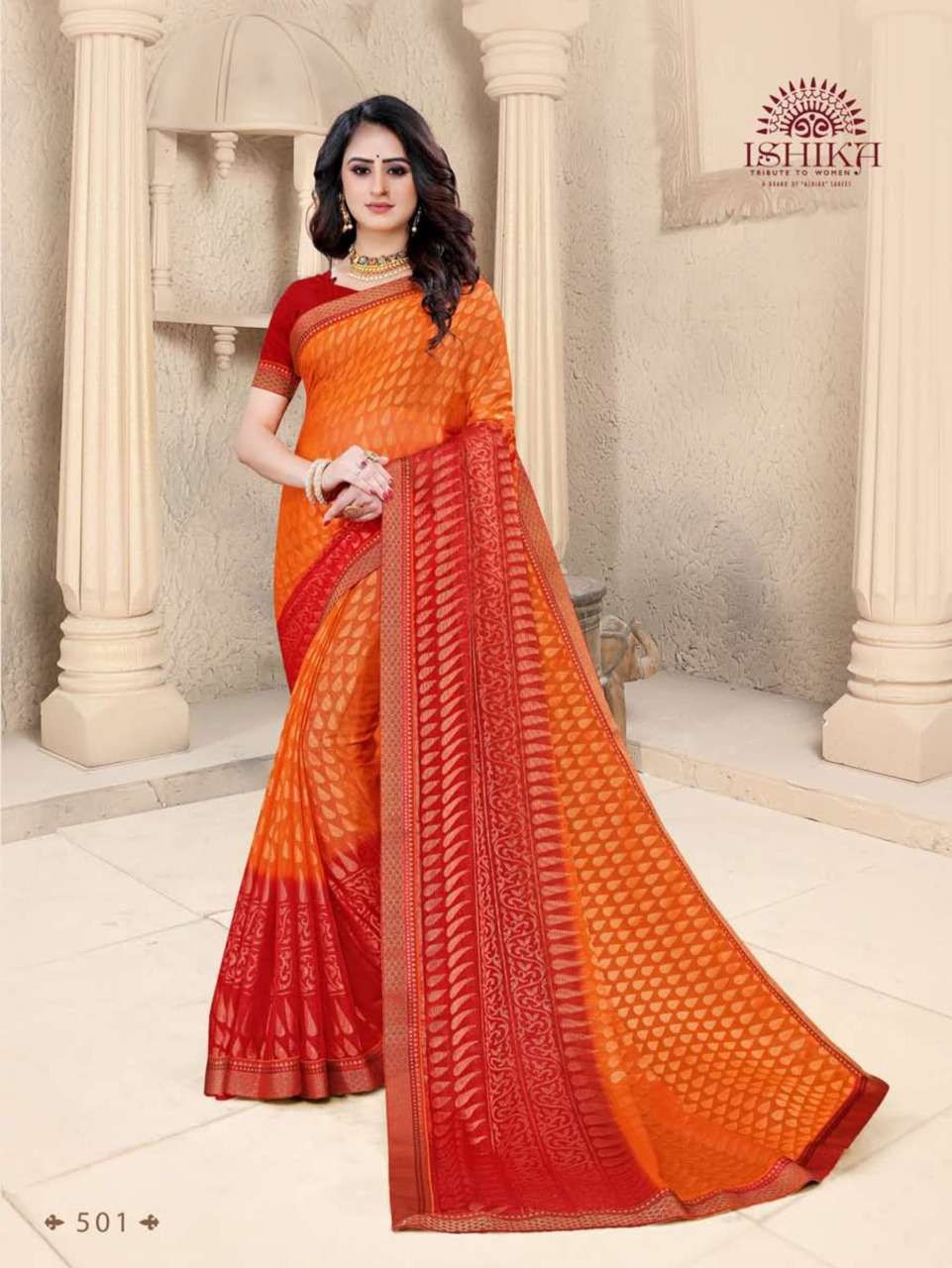 VARNIKA BRASSO BY ISHIKA FASHION 501 TO 506 SERIES INDIAN TRADITIONAL WEAR COLLECTION BEAUTIFUL STYLISH FANCY COLORFUL PARTY WEAR & OCCASIONAL WEAR CHIFFON BRASSO PRINT SAREES AT WHOLESALE PRICE